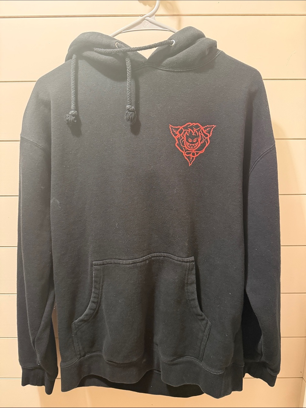 Black Men's Hoodie with Red Emblem - Pullover Hooded Sweatshirt “spit fire”